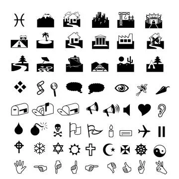 Black icons combine different types common on white background. Stock Illustration