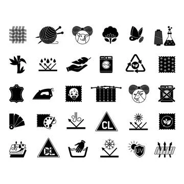 Black Icons Material Characteristics. Vector Illustrations Textile, Leather.. Stock Illustration