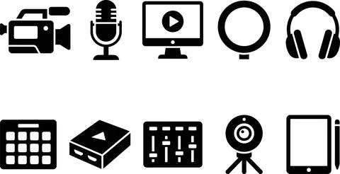 Black icons representing content creation and streaming equipment on a tran.. Stock Illustration