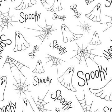 Black images of a web, a ghost and an inscription spooky. Stock Illustration