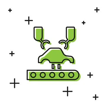 Black Industrial machine robotic robot arm hand on car factory icon isolated on Illustrazione stock