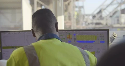 Black industrial worker working on computer Stock Footage 114329430