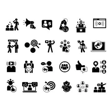 Black Influencer Icon Set. Vector Illustrations Follower, Promote, Broadcas.. Stock Illustration