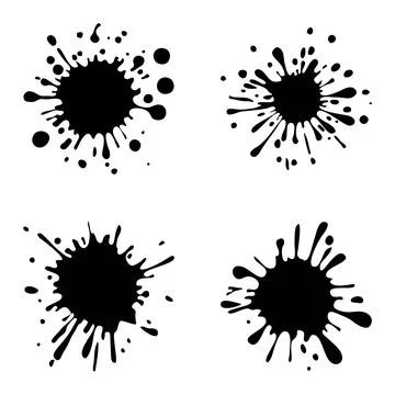 Black ink blots with drops set. Different handdrawn spray design elements. Paint Stock Illustration