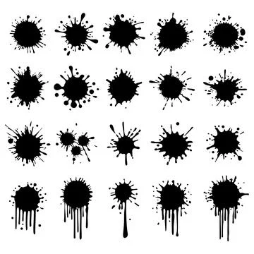 Black ink blots with drops set. Different handdrawn spray design elements. Paint Illustrazione stock