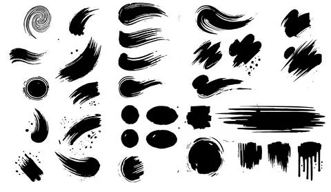 Black ink brush strokes set on white background collection of paint marks Stock Illustration