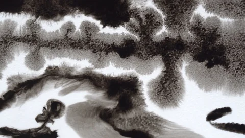 Black ink brush strokes on wet watercolor paper. Abstract video art background. Video stock 98780853