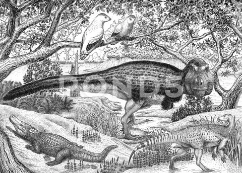 Black ink drawing of extinct animals from the Hell Creek Formation ...