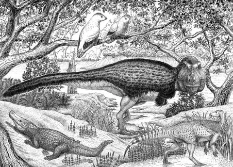 Black ink drawing of extinct animals from the Hell Creek Formation. Stockillustratie