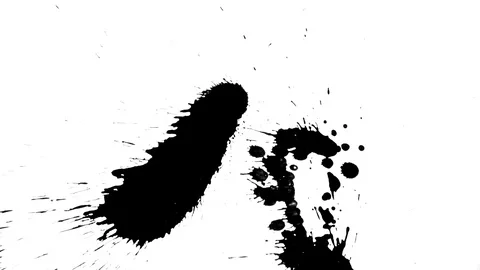 Black ink drops splatters spilling on white background Video stock 125477165