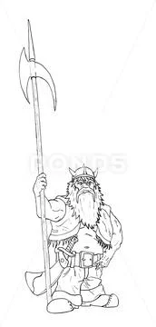 Black Ink Hand Drawing of Fantasy Dwarf Warrior with Halberd Axe ...