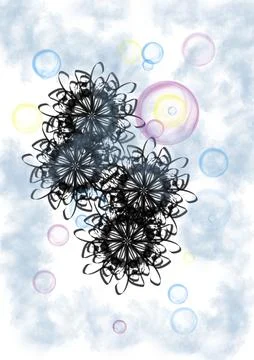 Black Ink Mandala Rosette Cluster with Pastel Translucent Bubbles and Soft B Stock Illustration