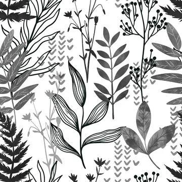 Black ink seamless pattern, wild flora, hand drawn Stock Illustration