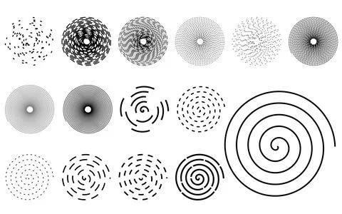 Black ink spiral patterns, dashed circular shapes, geometric swirl collection Stock-Illustration
