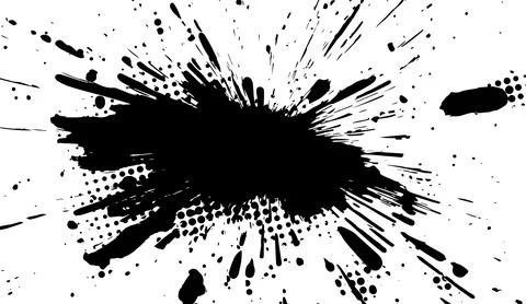 Black ink splash explosion on white background abstract graphic design element Illustrazione stock
