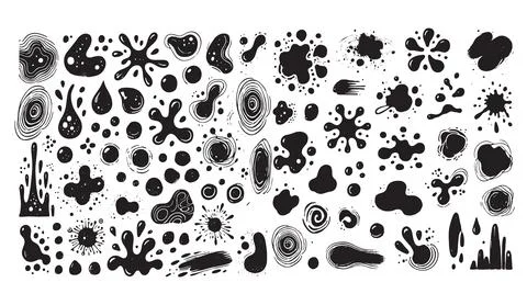 Black ink splashes and drops vector set with various shapes blots and liquid Stock Illustration