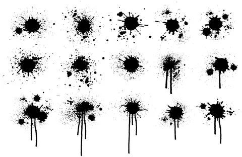 Black ink splashes with drips and drops, set.  Vector illustration Illustrazione stock