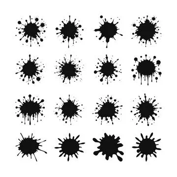 Black Ink Splashes Splotches, Splash and ink splatter cartoon set. Stock Illustration