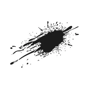 Black ink splatter in flat design. Splashing wet blot shape with drops. Vecto Stock Illustration