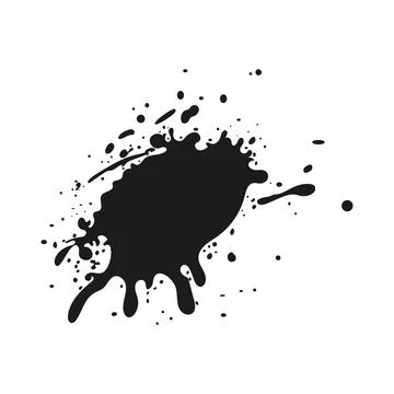 Black ink splatter in flat design. Splashing smudge shape with drips. Vector  Illustrazione stock