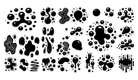 Black Ink Splatters And Liquid Drops Collection Featuring Various Shapes And Stock Illustration