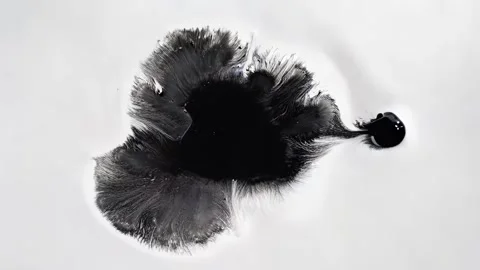 Black ink trails into soft hooked formation on bright white background Stock Footage 308732683