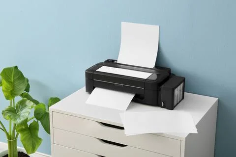 Black inkjet printer printing on white paper on desk Stock Photos