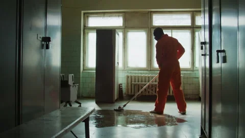 Black Inmate Mopping Floor in Prison Stock Footage 263254080