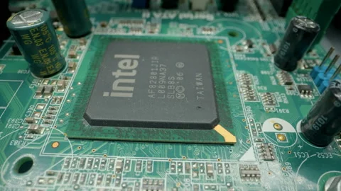The black Intel chip of the motherboard Stock Footage 147843057