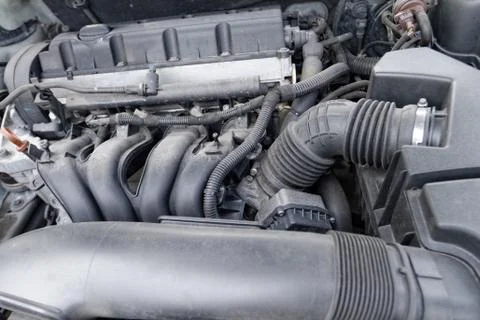 A black interesting car engine close up Stock Photos