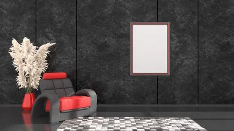 Black interior with black and red frames and an armchair for mockup Stock Illustration