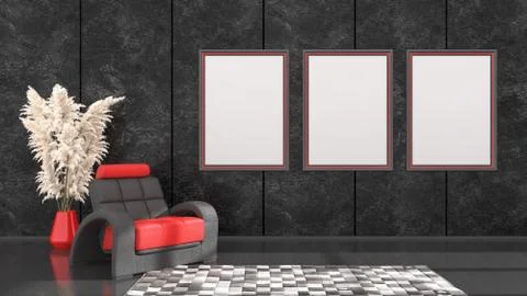 Black interior with black and red frames and an armchair for mockup Stock Illustration