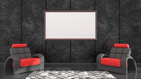Black interior with black and red frames and an armchair for mockup Illustrazione stock