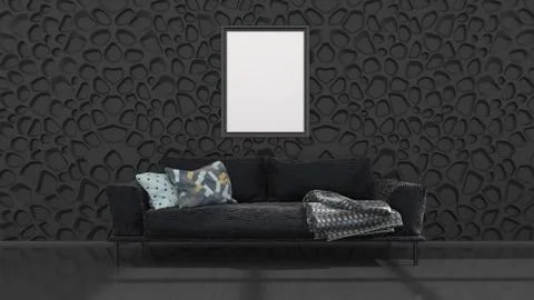 Black interior with black sofa and frames for mockup Illustrazione stock
