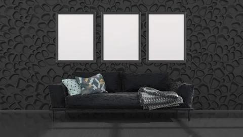 Black interior with black sofa and frames for mockup Illustrazione stock