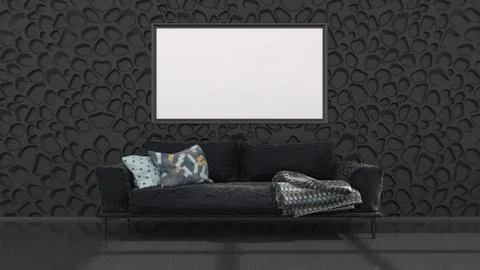 Black interior with black sofa and frames for mockup Stock Illustration