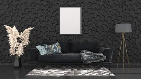 Black interior with black sofa and frames for mockup Illustrazione stock