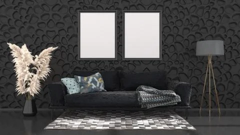 Black interior with black sofa and frames for mockup Illustrazione stock