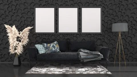 Black interior with black sofa and frames for mockup Stock Illustration