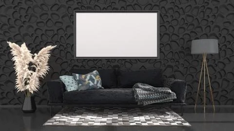 Black interior with black sofa and frames for mockup Stock Illustration