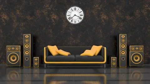 Black interior with modern design black and yellow speaker system Ilustração Stock