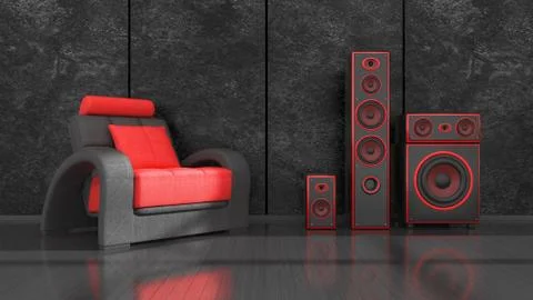 Black interior with modern design black and red speaker system and armchair Ilustração Stock