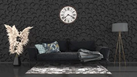 Black interior with sofa and wall clock 스톡 일러스트
