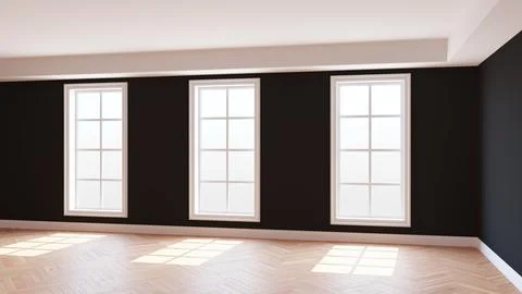 Black Interior with Three Large Windows, Light Glossy Herringbone Parquet Floor Stock Illustration