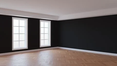 Black Interior with a White Ceiling and Cornice, Glossy Herringbone Parquet Stock Illustration