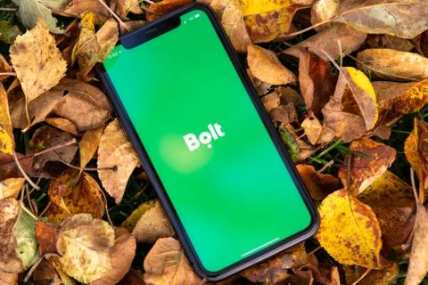Black iphone with logo of Bolt application on the screen. F Foto stock