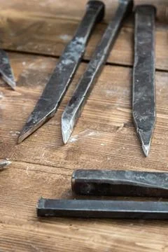 Black iron chisel set of hand tools, sharp and sharpened ready to work Stock Photos