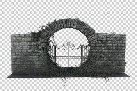 Black iron gate in a circular stone archway overgrown with ivy. 3D rendering  Illustrazione stock