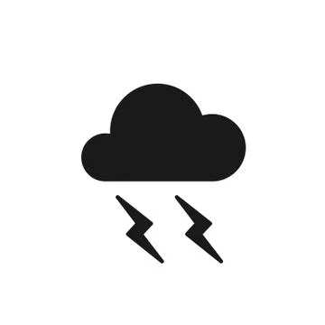Black isolated icon of cloud with lightning on white background. Silhouette o Stock Illustration