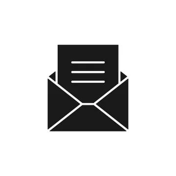 Black isolated icon of envelope with blank, document, letter on white backgro Stock Illustration